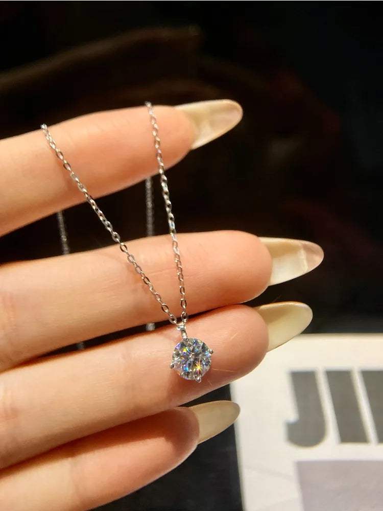 Luxury Certified Moissanite Diamond Classic Round Pendant Necklace for Women 925 Sterling Silver Chain Wedding Jewelry
