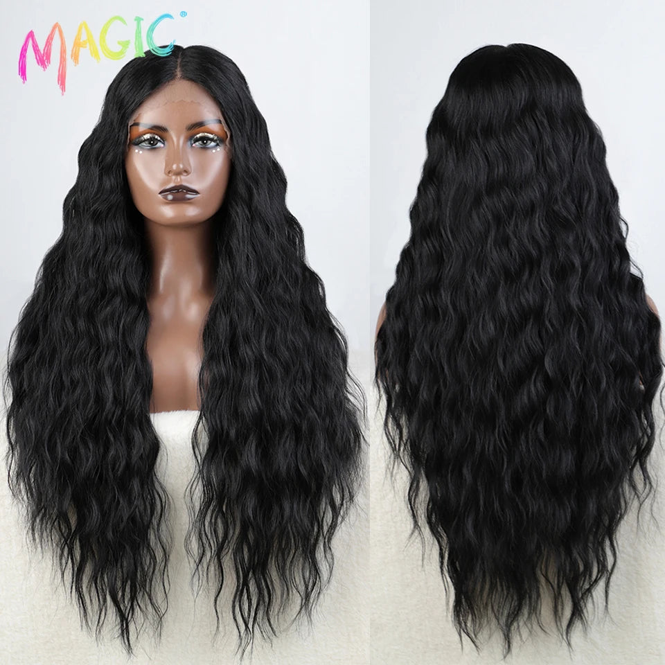 Magic Synthetic Lace Front Wig Long Deep Wavy 30 Inch Ombre Blonde Ginger Lace Wigs For Black Women Heat Resistant Cosplay Wigs