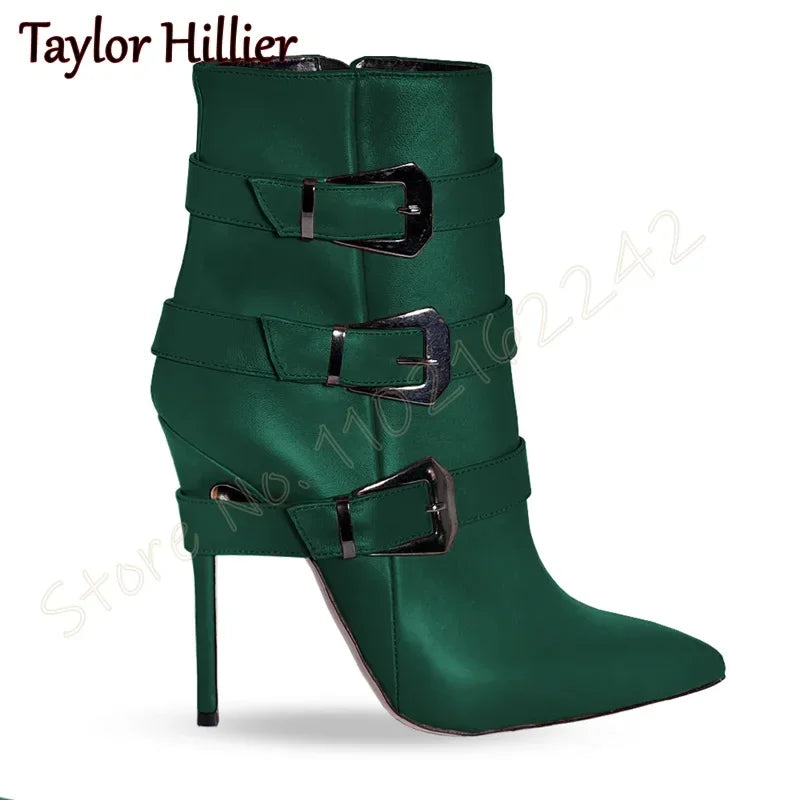 Rose Red Suede Belt Buckle Short Boots Pointed Toe Stiletto Side Zipper Modern Boots Fashion Party Catwalk Luxury Short Boots 46