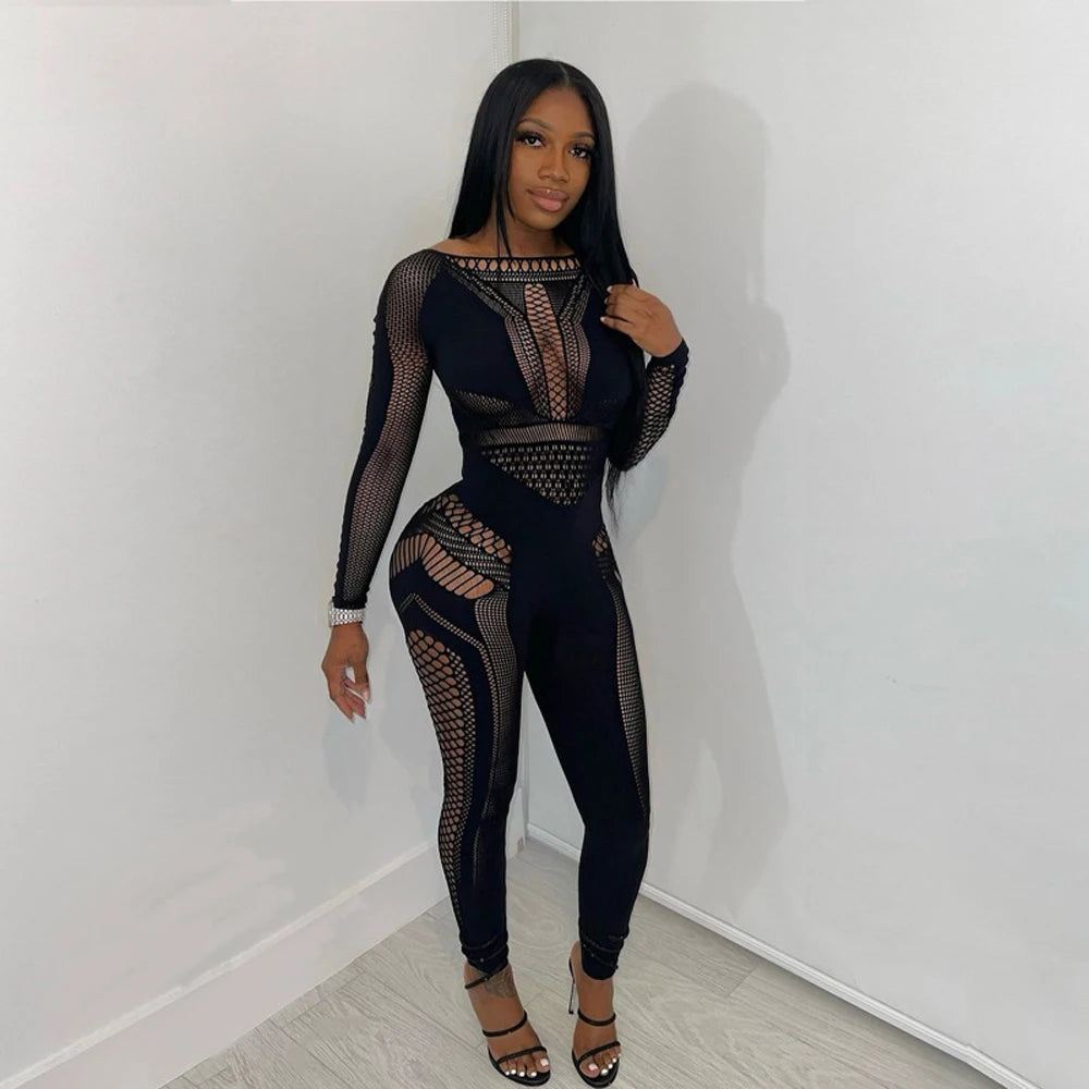 2026 Latest Design Woman Playsuits See Through Mesh Hollow Out Knit Rompers Sexy Clubwear Women's One Piece Bodysuits Jumpsuit