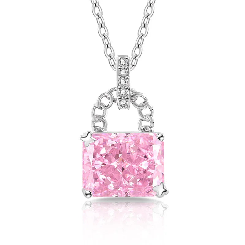 925 Sterling Silver Elegant Fashion High Carbon Diamond Ice Flower Cut Small Lock Pendant Necklace Daily Versatile