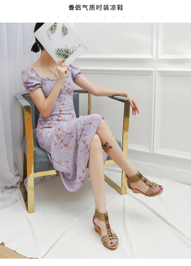 High quality leather flat sandals for women 5cm mid heel with beading summer 2026 36 42 open toe casual vintage shoe black beige