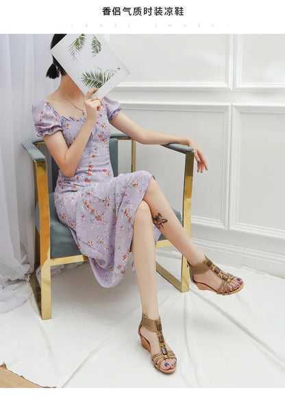 High quality leather flat sandals for women 5cm mid heel with beading summer 2026 36 42 open toe casual vintage shoe black beige