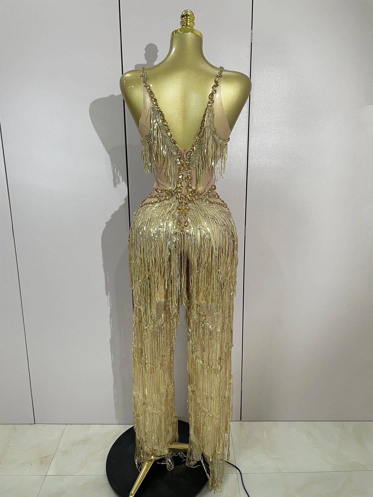 Sparkly Black Rhinestones Sequined Fringe Jumpsuit Women Sexy Nightclub Party Birthday Outfit Show Singer Stage Perform Costume
