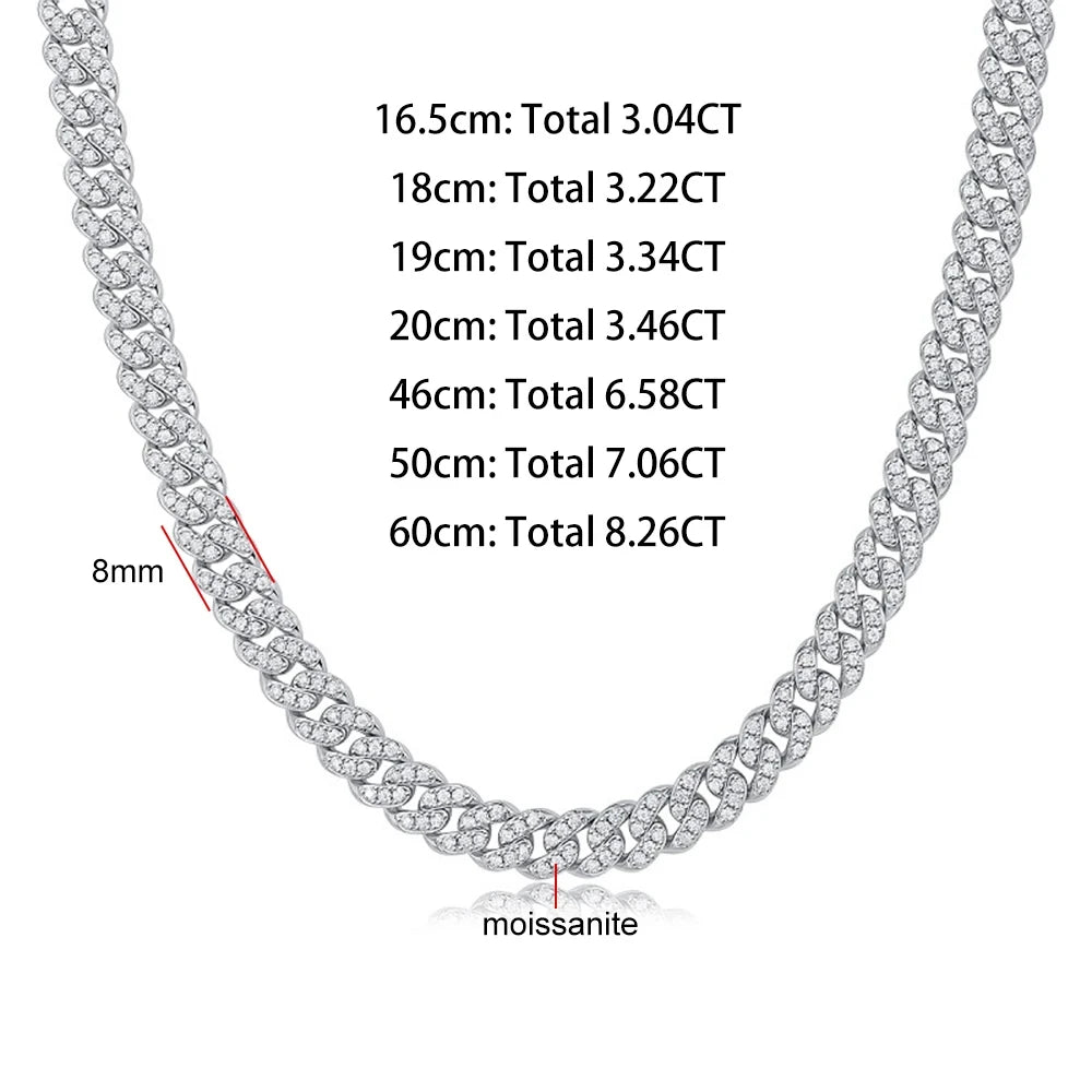8mm Real Moissanite Cuban Link Necklace Bracelet for Men Women 925 Sterling Silver Lab Diamond Neck Chains Hip Hop Jewelry GRA