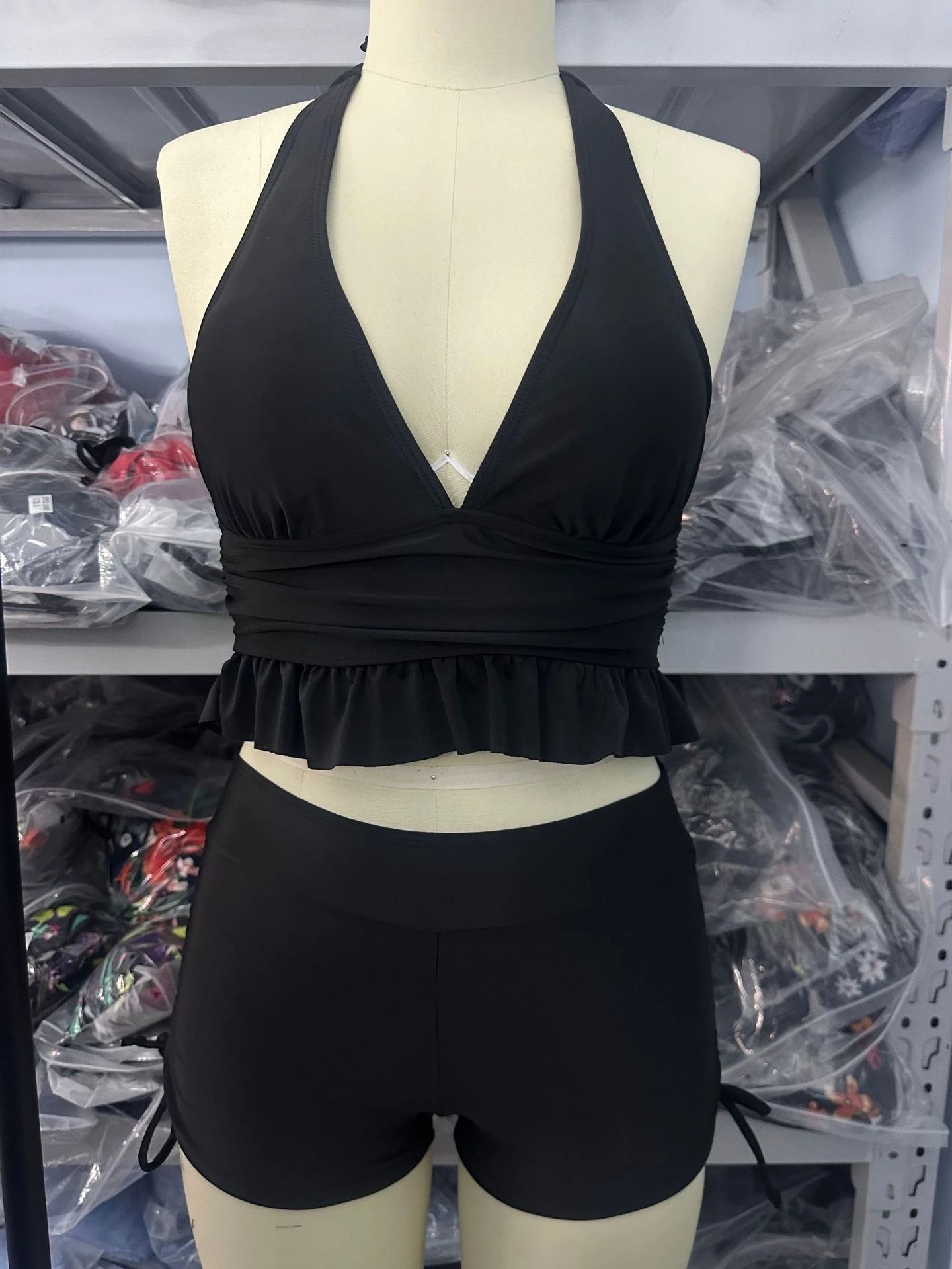 Two Piece Halter Tankini Women Deep V Neck Ruffle Hem Top Drawstring Side Shorts Swimwear