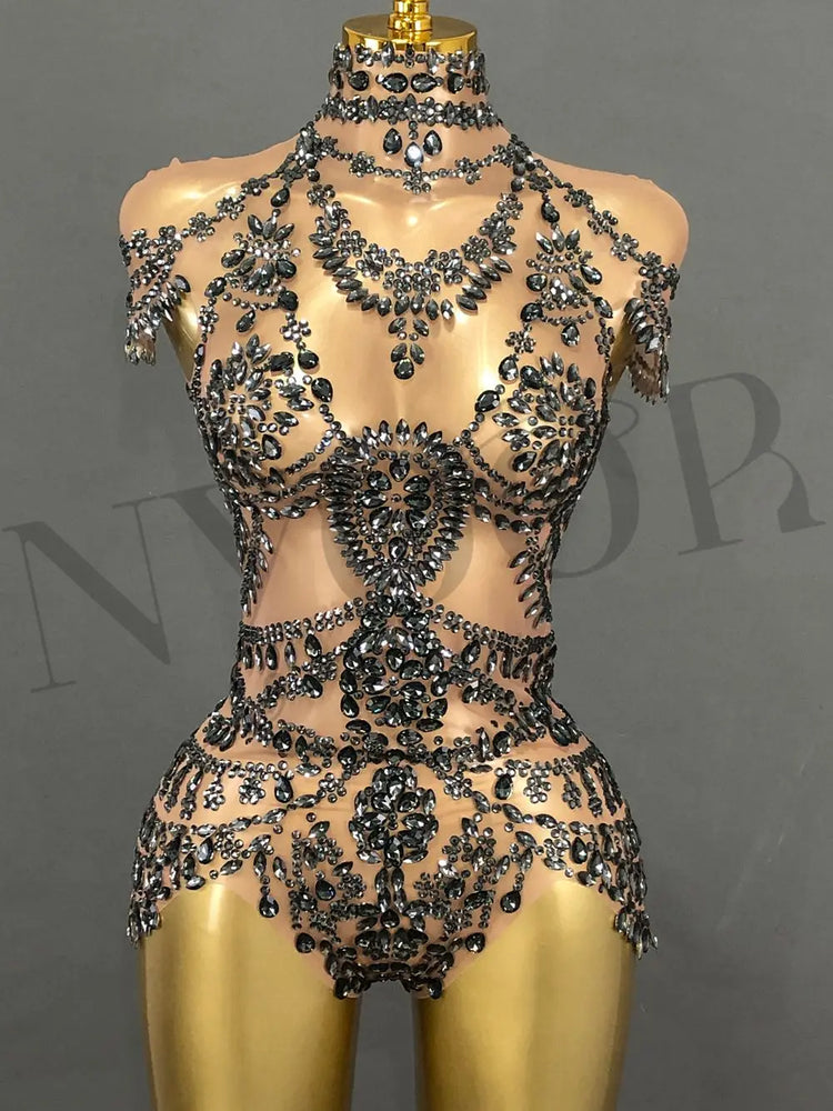 Sparkly Rhinestones Bodysuit for Women Sexy Mesh Transparent Performance Dance Costume Singer Dancer Show Stage Wear