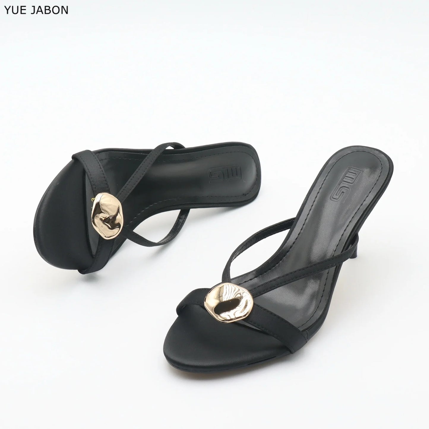 Red Satin Sexy Thin Heel Slippers Women Metal Buckle Open Toe Slides Ladies Concise Black Luxury Brand High Heels Dress Shoes