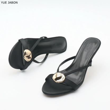 Red Satin Sexy Thin Heel Slippers Women Metal Buckle Open Toe Slides Ladies Concise Black Luxury Brand High Heels Dress Shoes