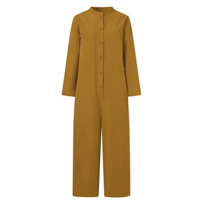 Solid Color Casual Loose Pocket Jumpsuit Women New Fall Simple Long Sleeve Shirt Female Vacation Rompers Fashionable Streetwear