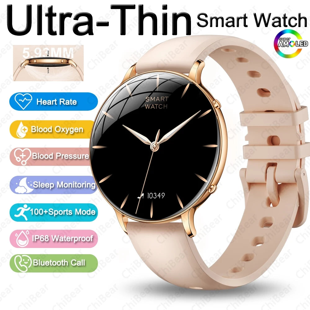 2026 Ultra-Thin Women Smart Watch AMOLED HD GPS Track Always-On Time Display LED Flashlight Bluetooth Call Waterproof Smartwatch