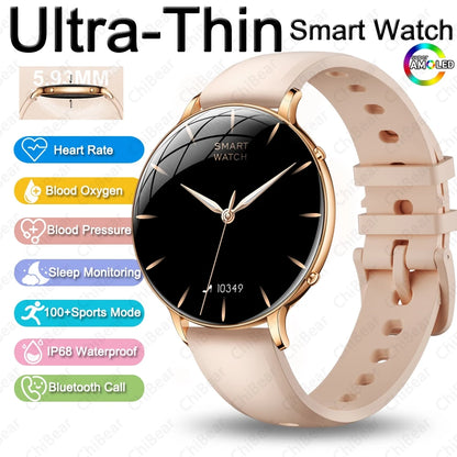 2026 Ultra-Thin Women Smart Watch AMOLED HD GPS Track Always-On Time Display LED Flashlight Bluetooth Call Waterproof Smartwatch