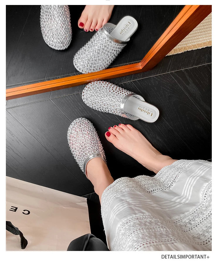 Summer Shoes for Women Slippers Luxury Rhinestone Rivets Casual Sandals Mesh Slip-on Loafers