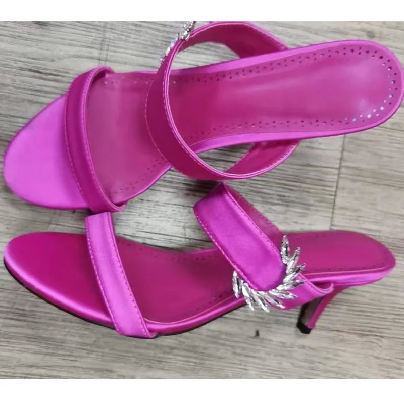 2025 Newest Rhinestone Sandals Woman Open Toe Pink Puple Luxury Satin High Heels Lady Sexy Muller Slippers