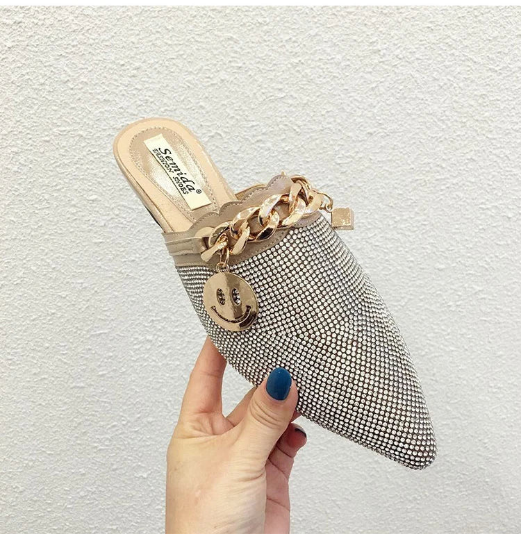 2025 New Summer Shoes for Women Luxury Slipper Girl Bling Crystal Chain Casual Flat Sandals Girl Pointed Toe Slides