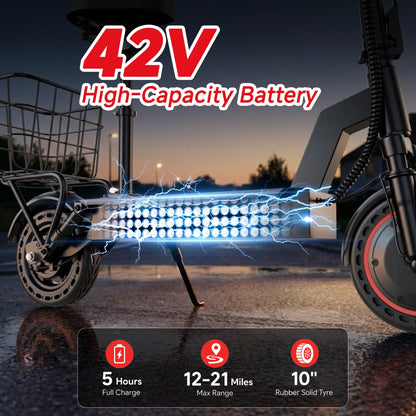 10inch Solid Tire Electric Scooter with Basket 7.8AH Battery 22Miles Max Range 22MPH Max Speed Dua Shock Absorption Foldable Adult E-scooter
