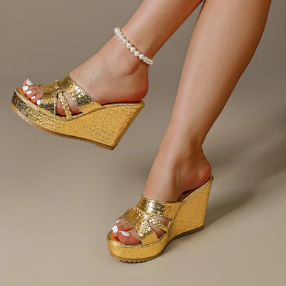 Golden Crocodile Print Wedge Heels Slides 10CM Fashion Woven Woman Sandals Platform Sole Outdoor Slippers Luxury Women's Shoes