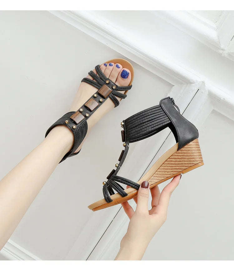 High quality leather flat sandals for women 5cm mid heel with beading summer 2026 36 42 open toe casual vintage shoe black beige