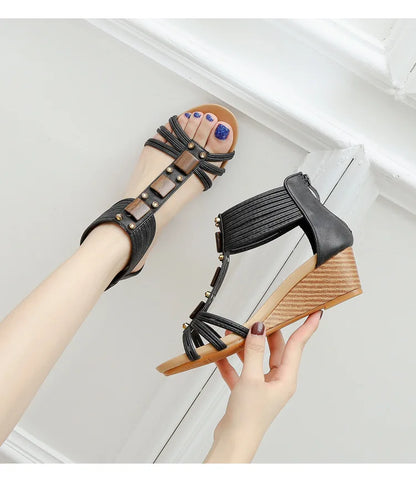 High quality leather flat sandals for women 5cm mid heel with beading summer 2026 36 42 open toe casual vintage shoe black beige