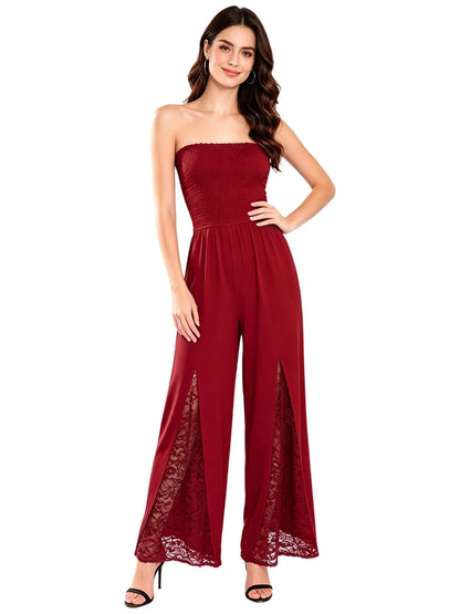Women Strapless Jumpsuit Bandeau Elastic Bodice Sheer Floral Lace Patchwork Wide Leg Romper for Beach Vacation Party