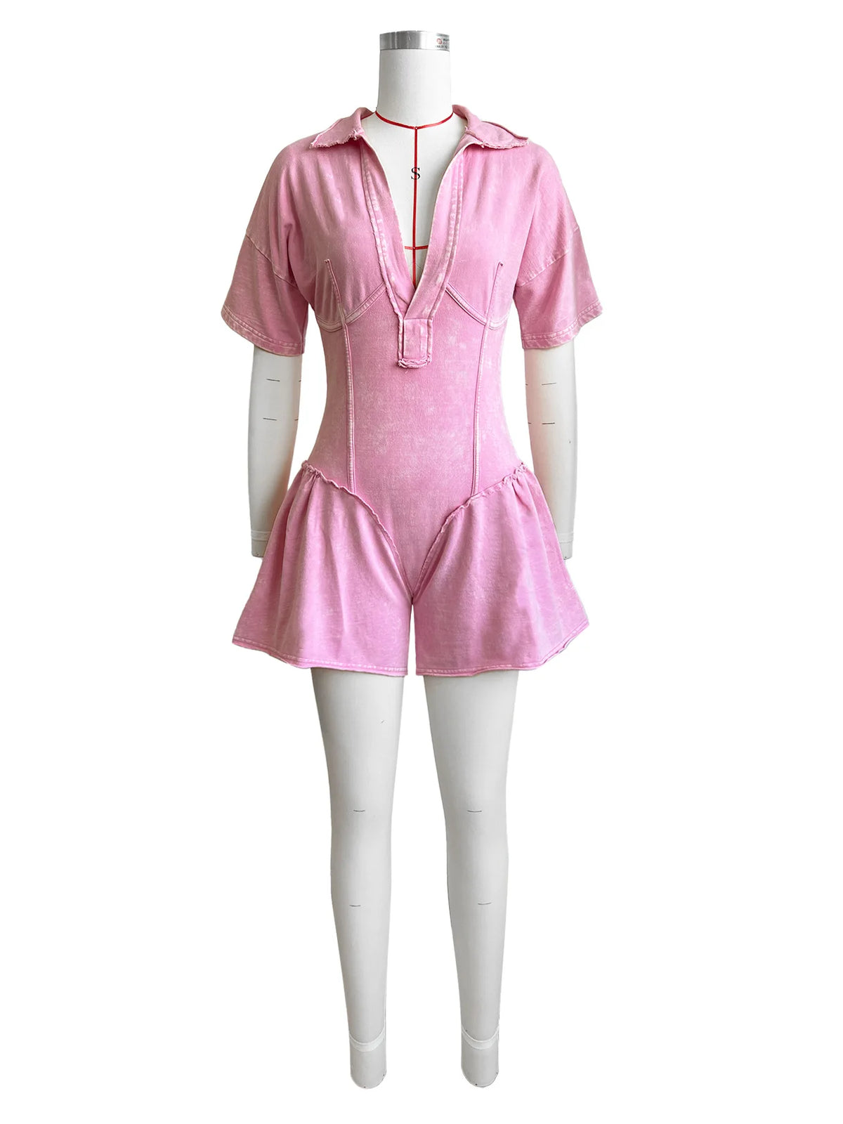 CM.YAYA Women Short Sleeve Washed V-neck Ruched High Waist Flare Short Jumpsuit Streetwear Chic One Piece Suit Romper Playsuit