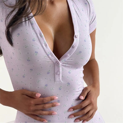 Women's Clothing V-neck Floral Slim Jumpsuits For Woman Home Wear Casual Short Sleeves Comfortable Buttons Simple Style Trendy