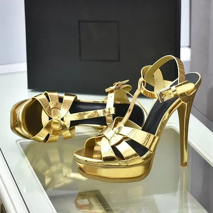 Platform Shiny Leather Cage Sandals Women Open Toe Ankle Strap High Heels Sandals Lady Stone Pattern Sexy Elegant Luxury Shoes