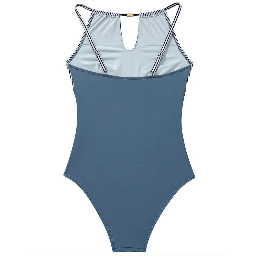 Women's One Piece Swimsuits High Neck Tummy Control Retro Bathing Suits Monokini Solid Summer Swimwear Beachwear Female