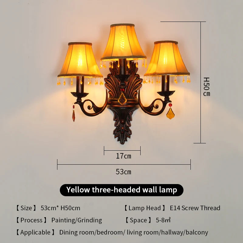 Retro American European Iron Art Red Cloth Crystal Wall Lamp for Hall Restaurant Bedroom Walkway Hotel Bar Decorative Wall Light