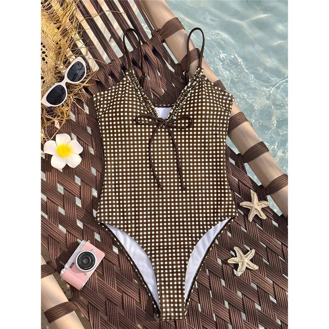 S - XL One Piece Swimsuit Female Frilled High Leg Cut Padded Bather Bathing Suit Swim Striped Plaid V Neck Women Swimwear V8288