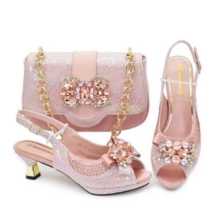 Nigerian Heel Party for Women Gold Color Shoes and Bag Set Rhinestone Handbag Italian Design Wedding Pumps Women Shoes Luxury