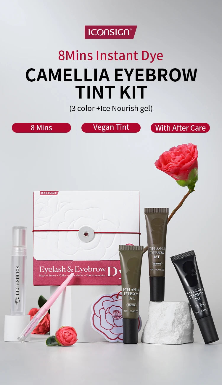ICONSIGN Natural Vegan Brow Tint Kit 3 in 1 Camellia Extract Gentle Long Lasting No Need Mixing Easy Use Eyelash&Eyebrow Dye Set