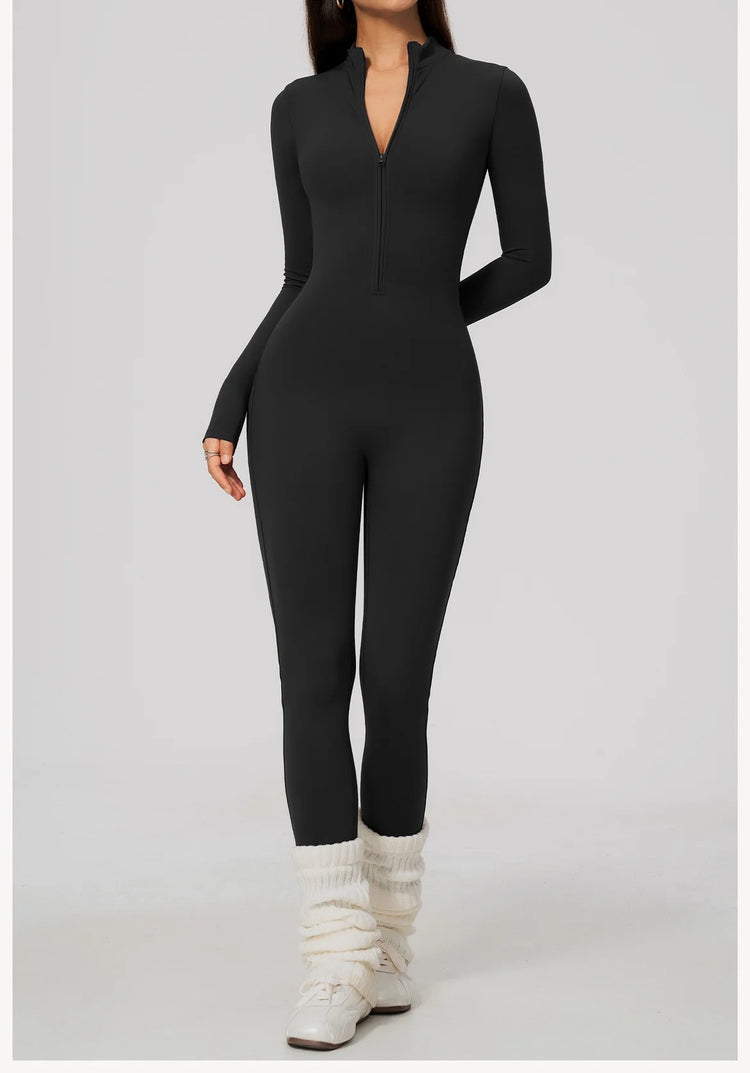 Winter Half Zip Yoga Bodysuit Women Long Sleeved Fitness Jumpsuit Sportswear Gym Clothes One-piece Running Workout Wear Rompers