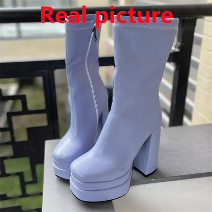 Foreign Trade Women's Shoes Fashion Super High Heels Platform Short Boots New Chunky Heel Mid-calf Boots Casual Ankle Boots CD