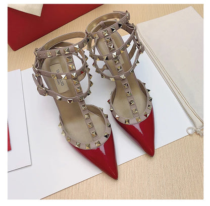 Women's Gladiator Sandals Summer 2026 Rivet High-heeled Three Straps Real Leather Ankle Luxury Brand Designer Pumps Ladies Shoes