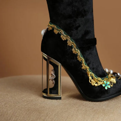 Royal Gemstone Jeweled Flower Velvet Ankle Boots Floral Crystal Cage Fretwork High Heels Blue Red Black Woman Bridal Booties
