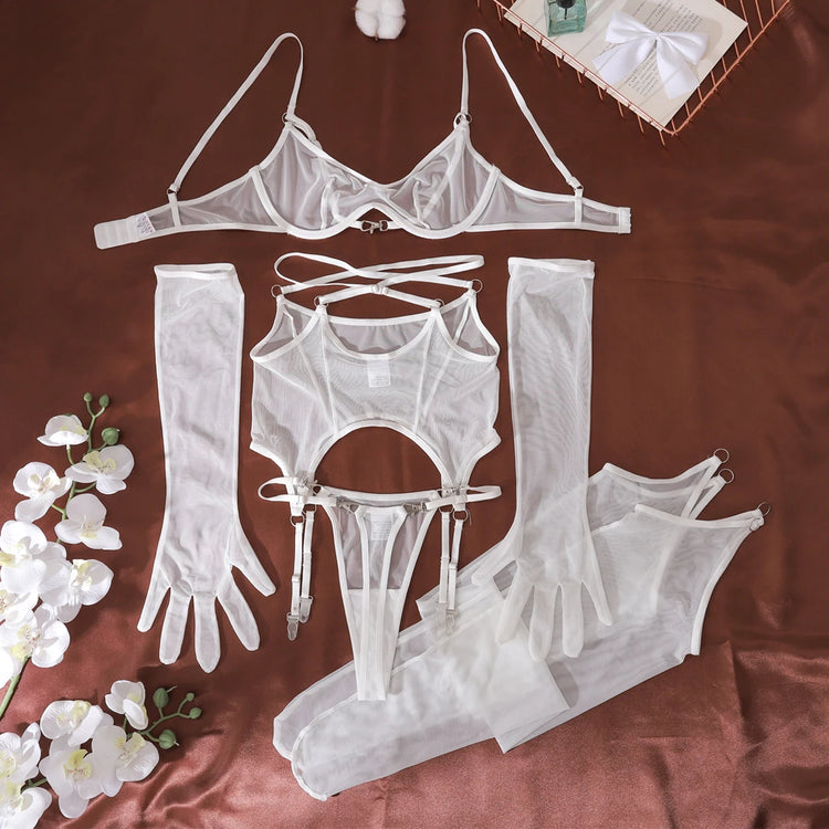 Ellolace Solid Women's Lingerie Sets Seductive See Through Bra Belt Thong 3PC with Gloves Stockings Sissy Sexy Women's Underwear