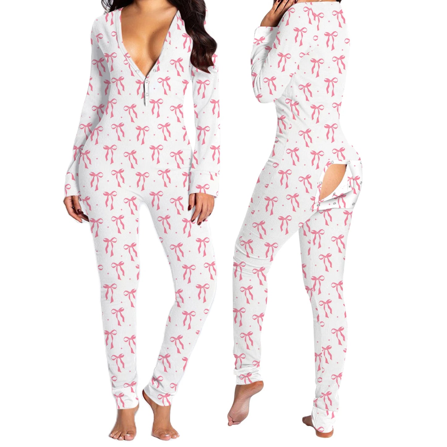 Combhasaki Women Sleeping Rompers Pajamas  Long Sleeve V-Neck Printed Slim Detachable Crotch Elastic Homewear Jumpsuits