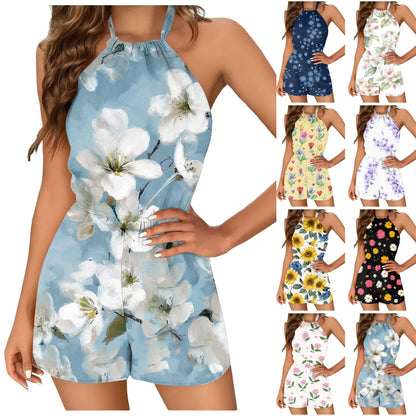 Women's Romper Boho Floral Print Halter Tie Straps Backless Overalls Shorts S-5XL Summer Casual Vacation Beach Jumpsuits