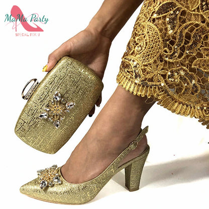 Fuchsia Color Italian Classics Design African Women Shoes and Bag Set High Quality with Shinning Crystal for Wedding Party