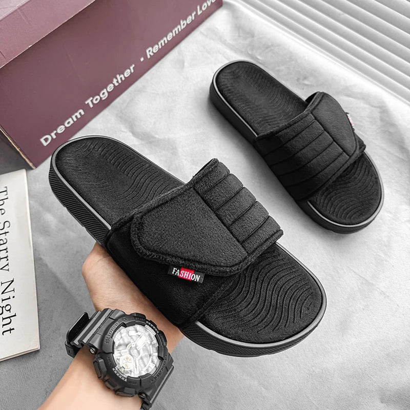 Fashion Men's Slippers Suede Cloth Non-Slip Casual Sandals Platform Soft Home Shoes Indoor Slides Outdoor Beach Shoes Flip-flop