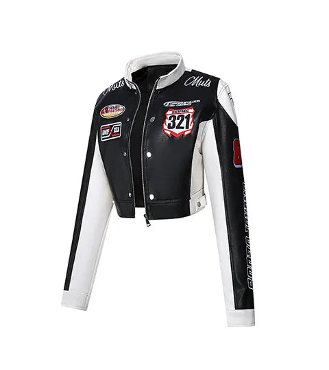 Women's Embroidered White PU Leather Jacket Motorcycle Wear Trendy Jazz Dance Autumn 2025 Collection New Arrival