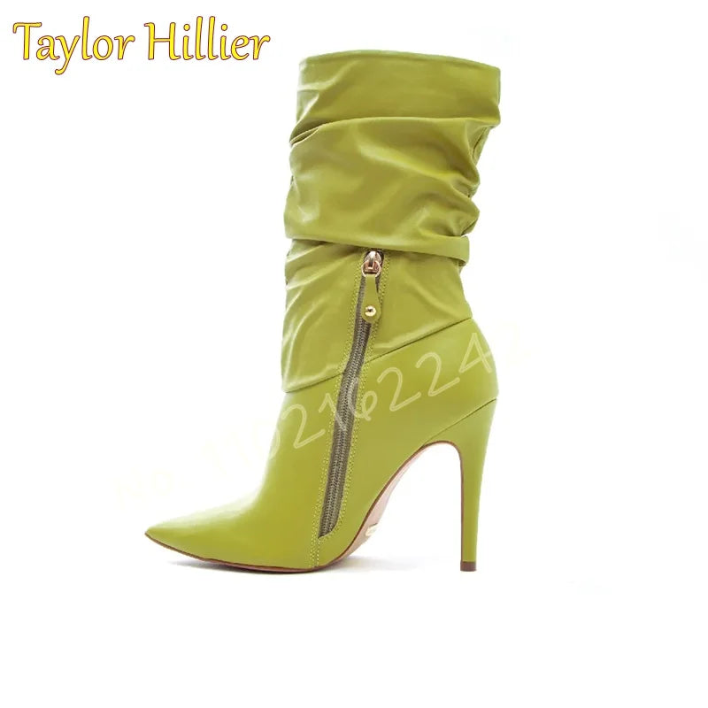 Autumn Avocado Color Pleated Short Boots Pointed Toe Stiletto Side Zipper Mid-Calf Nude Boots Catwalk Party Formal Boots Women