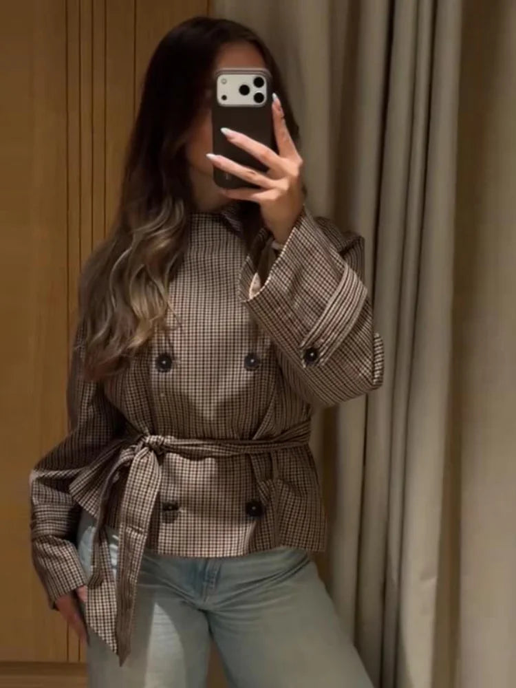 Plaid Cropped Trench Coat Lapel Collar Double Breasted Belted Waist Long Sleeve Women All-match Coats 2026 Autumn Commute Outfit