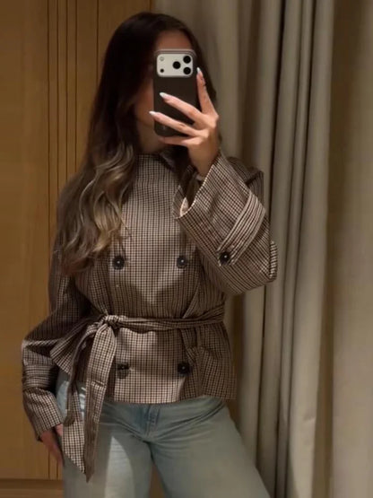 Plaid Cropped Trench Coat Lapel Collar Double Breasted Belted Waist Long Sleeve Women All-match Coats 2026 Autumn Commute Outfit
