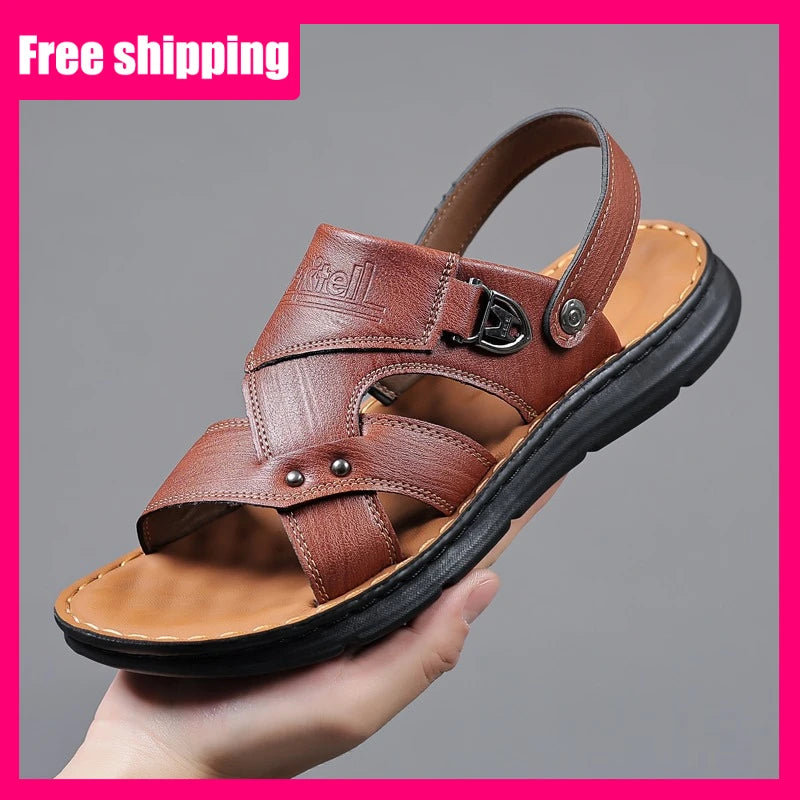 Mens Slippers 2026 New Summer Breathable Outdoor Non Slip Thick-soled Beach Shoes Leather Comfortable Casual Driving Sandals Man
