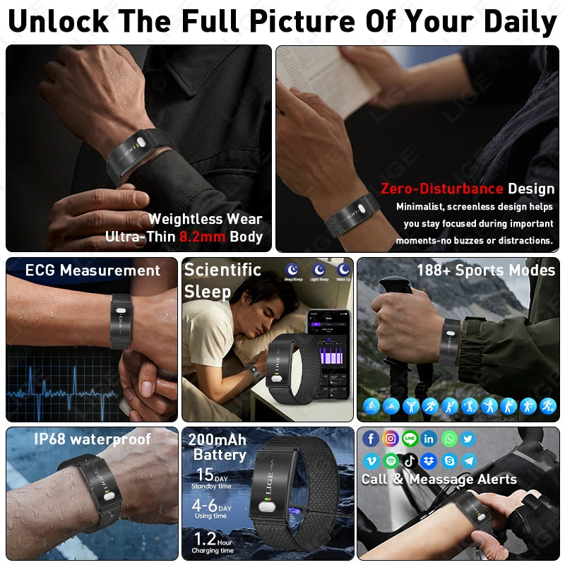 LIGE 2026 ECG+PPG Nursing Grade Smart Bracelet HRV Body Fat BMI Blood Pressure Body Temperature Men Women Health Sports Watches