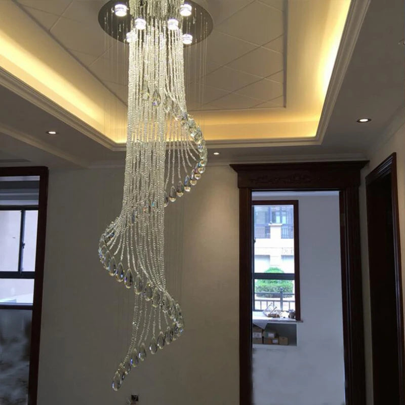 Modern Room Lights Spiral K9 Crystal Chandelier Staircase Creative LED Hanging Lamp Hotel Villa Decoraction Large Pendant Light