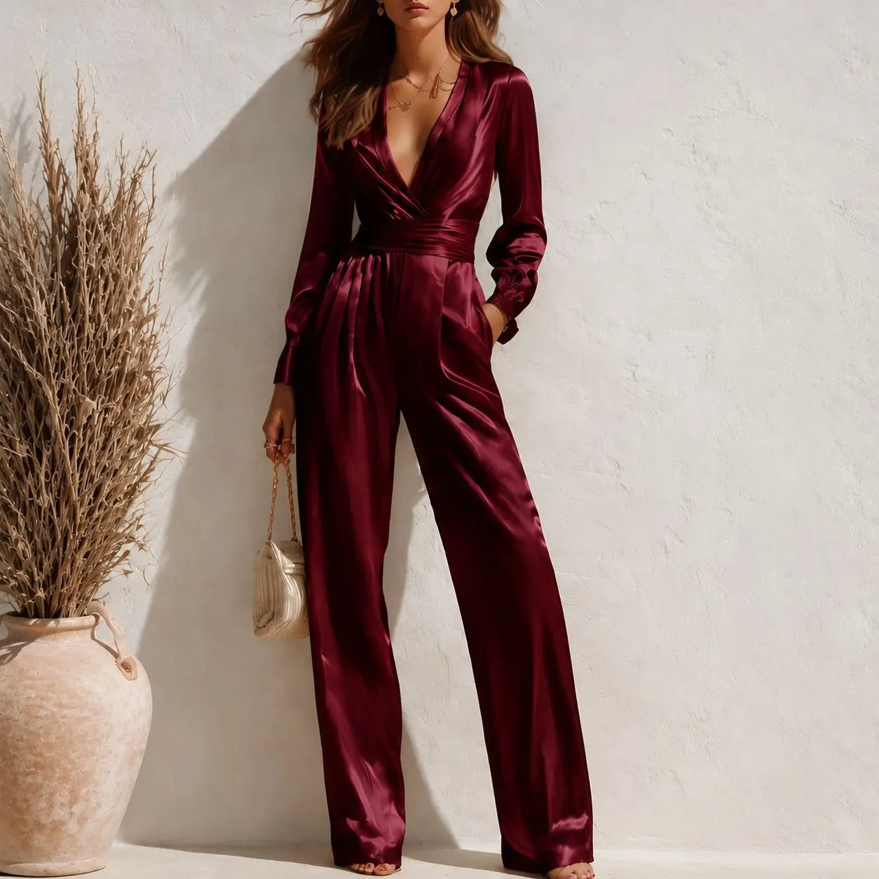 Women Cargo Pants One-Piece Suit Satin Full Long Coverall Rompers Casual Solid Color V Neck Jumpsuit For Work Travel Holiday
