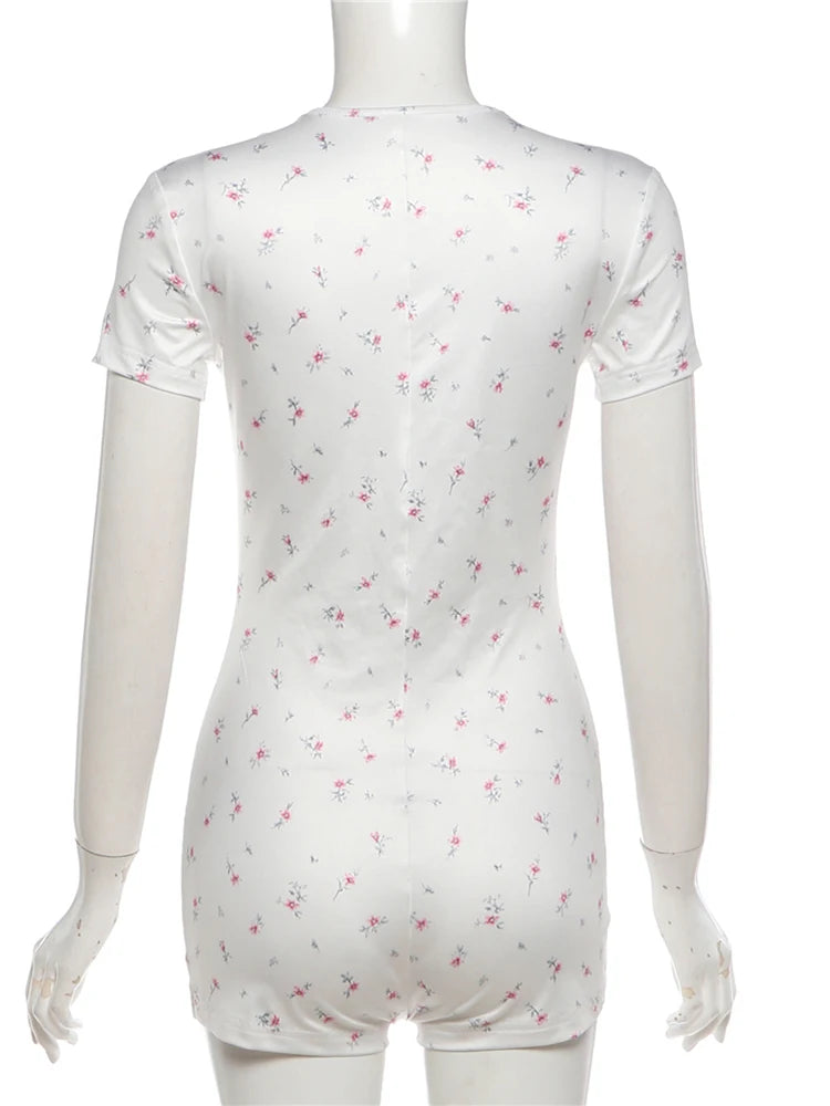 Weird Puss Floral Print Playsuit Women Casuals Simple Lace Patchwork Single-Breasted V-Neck Trend Chic Skinny Sporty Streetwear